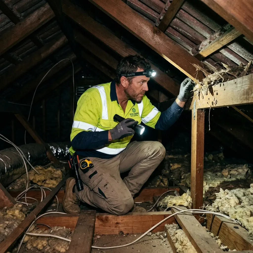 Technician inspecting a roof cavity for a dead animal in Arthurs Creek